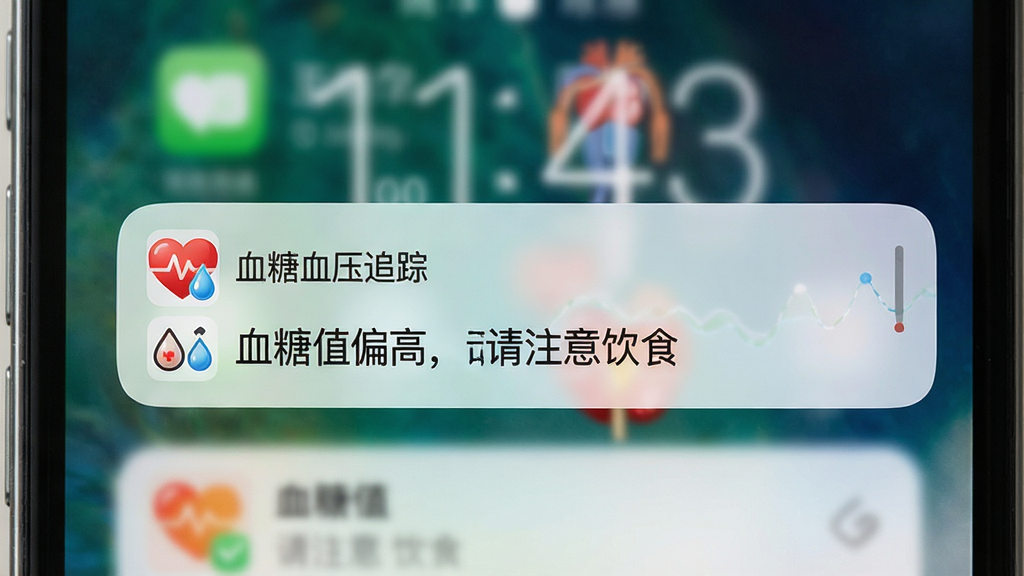 手机锁屏界面展示“血糖血压追踪”的通知提醒,屏幕中央弹出横幅通知,显示“血糖值偏高,请注意饮食”,背景为模糊的APP主界面,通知栏图标为红色心形与水滴,整体风格写实,光影自然,画质清晰,干净无多余元素