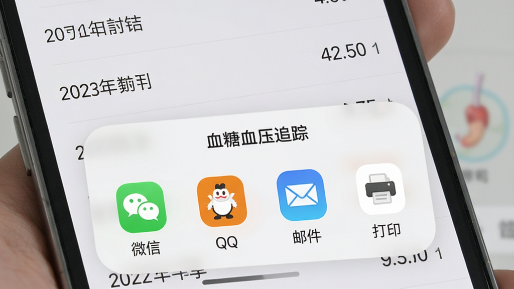手机屏幕展示“血糖血压追踪”的分享菜单,页面弹出半透明底部弹窗,包含“微信”“QQ”“邮件”“打印”等图标,背景为数据列表,列表行显示日期与数值,整体界面简洁,图标彩色,风格清爽,画质干净,无多余元素