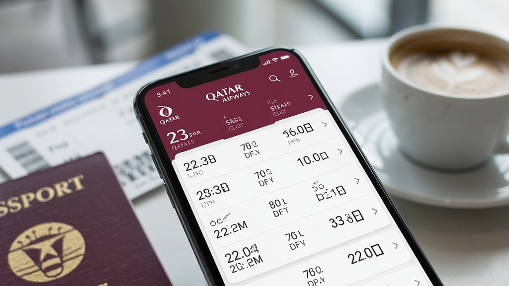 一张智能手机屏幕特写,屏幕上清晰显示卡塔尔航空(Qatar Airways)应用内的航班行程列表界面,包含起飞降落时间、航站楼和登机口等信息,手机周围摆放着护照、登机牌和一杯咖啡,背景虚化,整体风格商务简约,构图清晰,画质高清,干净无多余元素