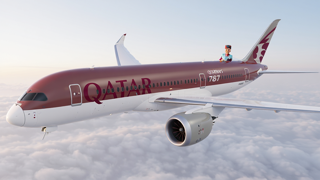 一张展示卡塔尔航空(Qatar Airways)波音787客机优雅飞行在云层之上的高清图片,机身涂装为标志性的勃艮第酒红色,机舱内部宽敞明亮的商务舱座位排列整齐,一位空乘人员正微笑着为乘客提供服务,整体画面采用专业航空摄影风格,光线柔和,细节丰富,画质细腻,干净无多余元素