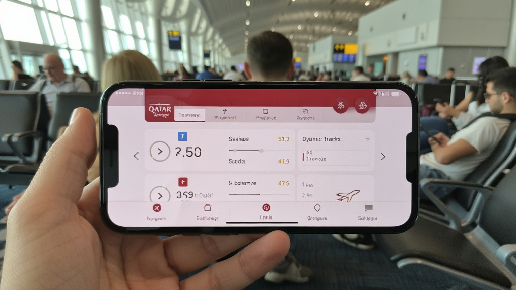 一张智能手机横屏使用卡塔尔航空(Qatar Airways)应用的实拍图,屏幕显示航班动态追踪页面,背景为机场候机大厅,旅客正在查看手机,画面自然,构图平衡,细节丰富,画质清晰,干净无多余元素