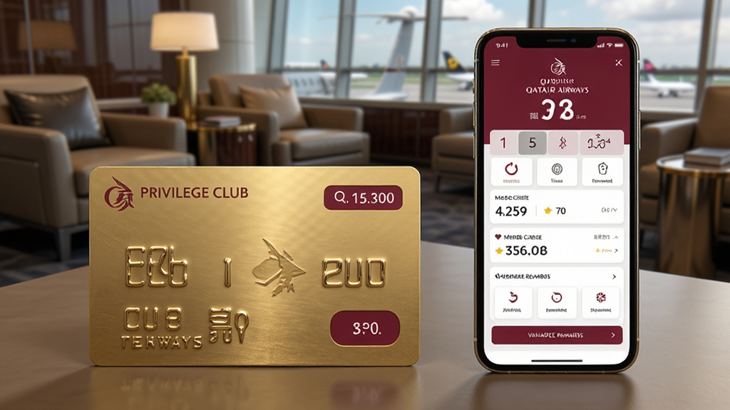 一张展示卡塔尔航空(Qatar Airways)Privilege Club会员卡的金色特写图片,旁边放着一部手机,屏幕上显示应用内的会员权益页面,包括里程数、会员等级和可用奖励,背景为机场贵宾休息室的舒适环境,整体风格奢华典雅,光影效果出色,画质细腻,干净无多余元素