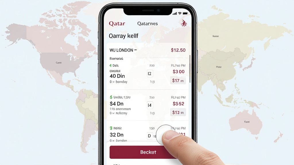 一张卡塔尔航空(Qatar Airways)手机应用预订界面的高清截图,界面设计现代简洁,显示从多哈飞往伦敦的航班选择列表,价格与时间信息标注清晰,背景为一张淡雅的世界地图,手指正点击屏幕上的预订按钮,画面明亮,细节丰富,画质干净,无多余元素