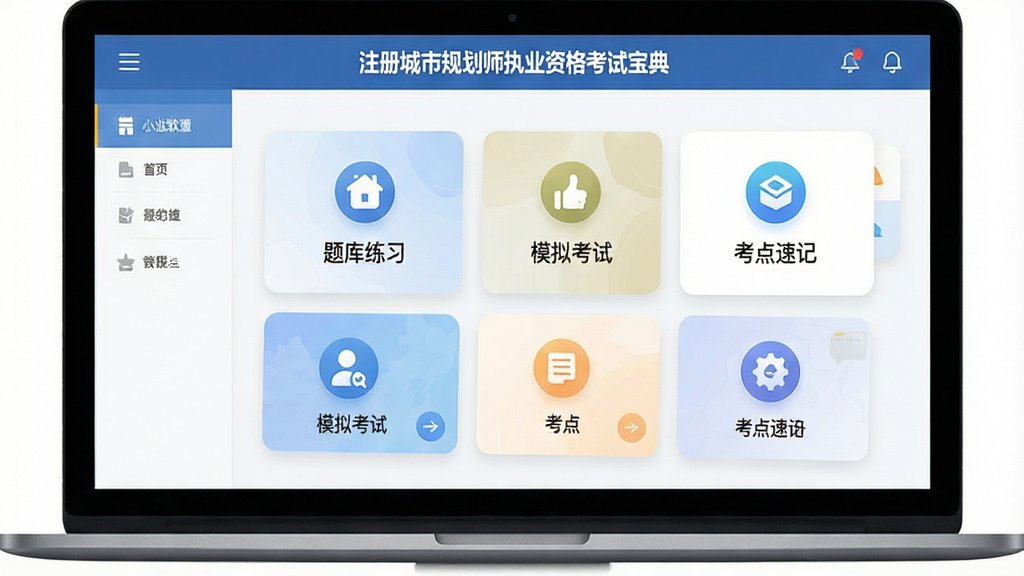 一张展示注册城市规划师执业资格考试宝典软件界面的高清图片,主体为手机或电脑屏幕上的软件主界面,包含题库练习、模拟考试、考点速记等核心功能模块图标,布局清晰简洁,风格现代清新,细节丰富,画质干净,无多余元素