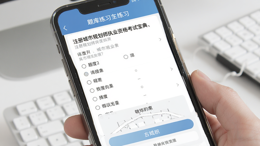 展示注册城市规划师执业资格考试宝典软件中题库练习界面的图片,主体为手机屏幕上的答题页面,包含选择题题干、选项和答题卡,布局规整,风格简洁明快,细节清晰,画质干净,无多余元素