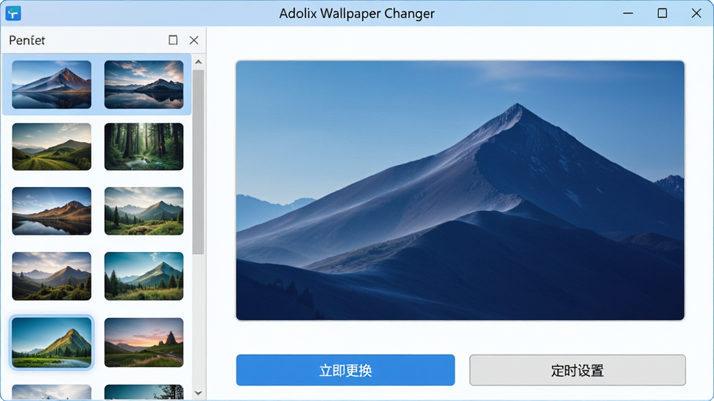一幅展示Adolix Wallpaper Changer软件主界面的高清截图,界面简洁明亮,左侧是壁纸库列表,右侧是预览大图,底部有“立即更换”和“定时设置”按钮,背景为渐变蓝色,整体风格现代、干净,文字标注“Adolix Wallpaper Changer”,画质清晰,无多余元素