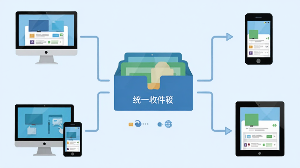 TTKEFU在线客服系统消息整合示意图,中央为统一收件箱,四周环绕电脑、手机、平板等设备图标,表示多渠道接入,背景为淡蓝色,扁平化设计,图标清晰,画质高清,干净无多余元素