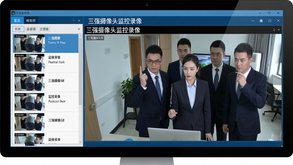 一张展示三强摄像头监控录像软件主界面的电脑截图,界面左侧为摄像头列表,右侧为高清监控画面,画面中清晰显示“三强摄像头监控录像”的软件名称,整体风格简洁现代,蓝色科技感色调,画质清晰,干净无多余元素