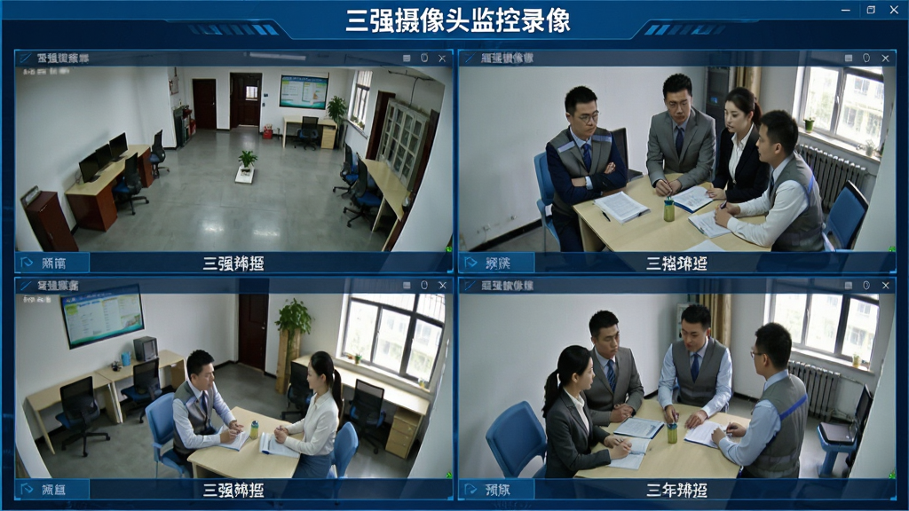 一张展示三强摄像头监控录像软件四画面分割预览的界面图,四个不同场景的监控画面均匀排列,每个画面下方标注有摄像头名称,软件名称“三强摄像头监控录像”出现在界面顶部,画面色彩真实,布局规整,科技蓝风格,画质高清,干净无多余元素