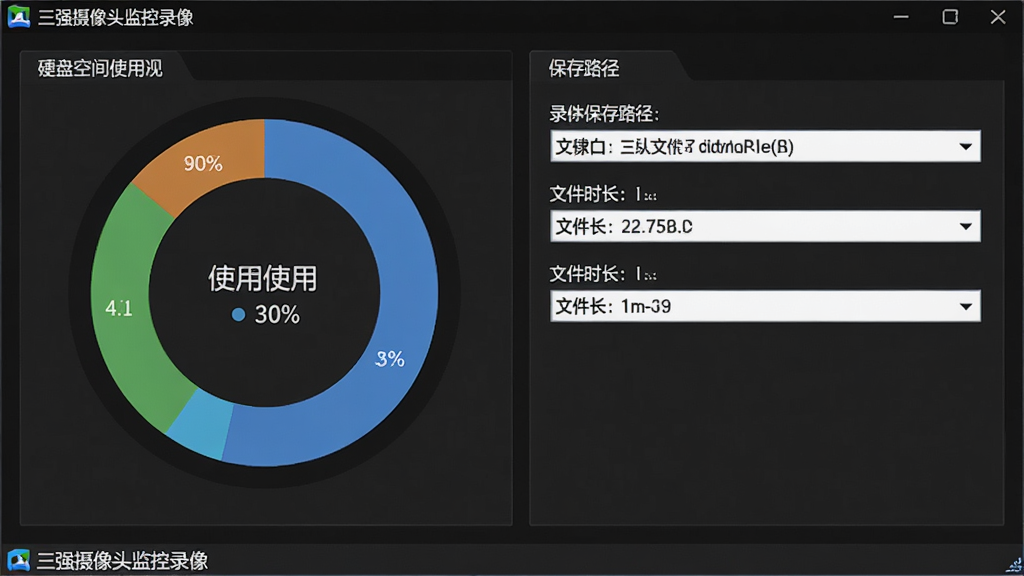 一张展示三强摄像头监控录像软件存储设置界面的截图,界面中有硬盘空间使用情况的环形图,以及录像文件保存路径和文件时长下拉菜单,软件名称“三强摄像头监控录像”在底部状态栏,整体风格深色专业,数据可视化清晰,画质高清