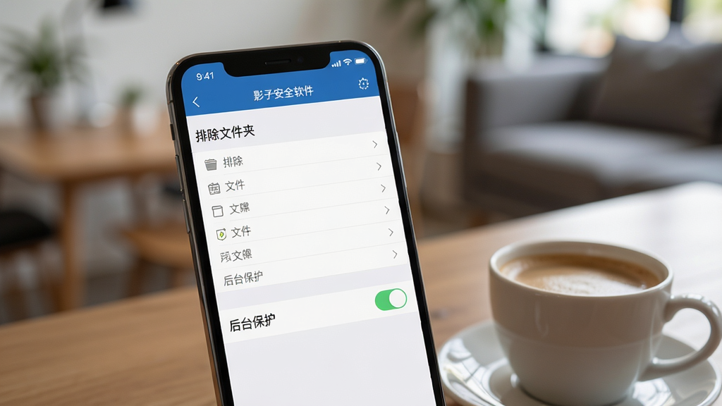 手机上显示“影子安全软件”移动端设置界面,屏幕中展示“排除文件夹”列表和“后台保护”开关,手机旁边放着一杯咖啡,背景为模糊的室内环境,画面主体为手机特写,布局清晰,风格写实,细节丰富,画质干净