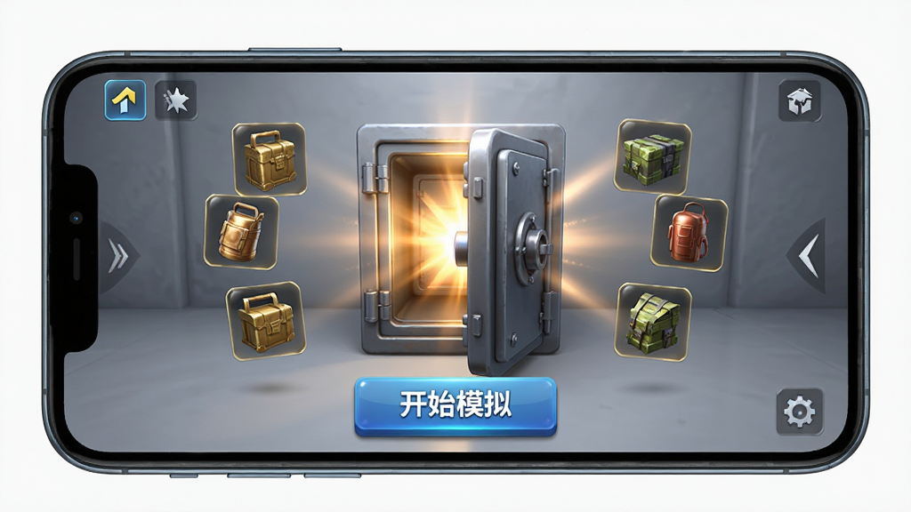 展示手机横屏运行暗区突围保险模拟器的场景,画面中显示一个保险箱开启的动画效果,周围浮现出各种战利品图标,屏幕下方有“开始模拟”按钮。布局为手机全屏展示,界面简洁明快。风格偏向游戏UI设计,细节包括物品图标的光泽与按钮的立体感。画质清晰,背景干净。