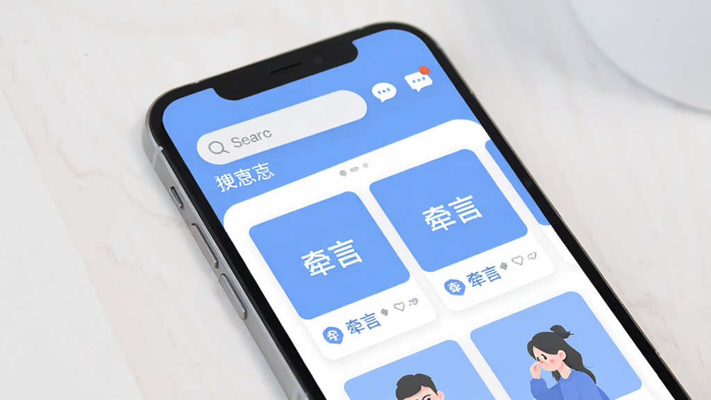 画面主体为一部亮屏的智能手机,屏幕中央显示“牵言”交友软件主界面,顶部有搜索框和消息图标,中部为几张用户卡片,卡片上印有“牵言”字样,整体布局干净,现代扁平化风格,柔和蓝白配色,细节清晰,画质干净,无多余元素