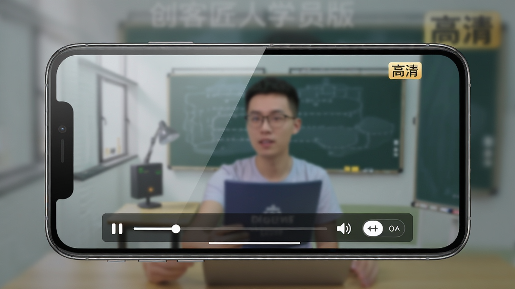 展示创客匠人学员版APP在手机横屏状态下播放高清课程视频的画面,视频画面占据屏幕主体,下方显示播放控制条(包含进度条、音量、清晰度切换按钮),右上角有“高清”标识,背景为模糊处理后的课程封面,布局以视频画面为中心,排版简洁,风格写实,细节包含光线反射与屏幕玻璃质感,画质细腻,干净无多余元素,图片中无额外文字