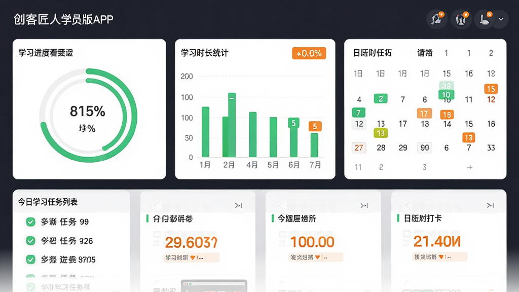 创客匠人学员版APP的学习进度统计页面,主体为数据看板,包含环形进度图、柱状学习时长统计、日历打卡标记,下方为今日学习任务列表,布局以卡片式模块排列,排版整洁,风格商务简约,细节包含绿色进度条与橙色高亮数字,画质高清,干净无多余元素,图片中无文字