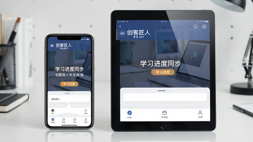 一张展示创客匠人学员版APP在手机和平板设备上同步使用的情景图,手机与平板并排摆放,屏幕均显示创客匠人学员版界面,画面聚焦于“学习进度同步”提示,背景为简洁的书桌,布局对称,排版舒适,风格写实,细节包含屏幕反光与设备边框,画质干净,无多余文字