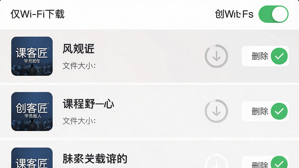 创客匠人学员版APP的离线缓存管理界面,展示已下载课程列表,每个课程条目包含封面缩略图、课程名称、文件大小与删除按钮,顶部有“仅Wi-Fi下载”开关,布局为列表式,排版清爽,风格简约,细节包含下载进度圈与绿色对勾图标,画质干净,无多余元素,图片中不出现完整文字