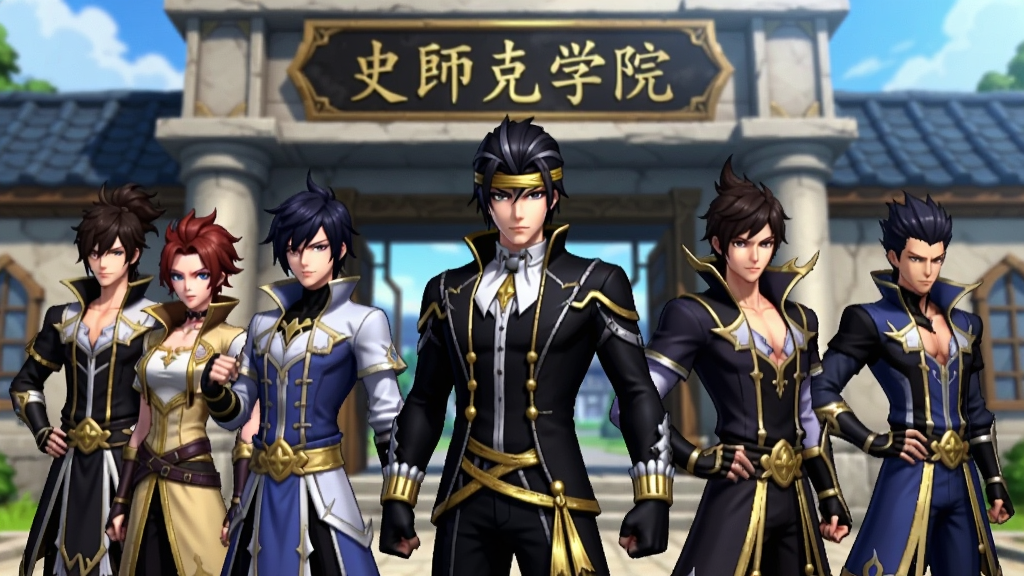 游戏《斗罗大陆:魂师对决》剧情过场动画截图,主体为史莱克七怪全体成员在学院门口集合的场面。布局上,七人呈扇形站位,居中为主角唐三,背后是“史莱克学院”的匾额。风格为动漫渲染,色彩明亮鲜艳,角色表情生动。画质高清,细节丰富,画面干净无UI干扰。