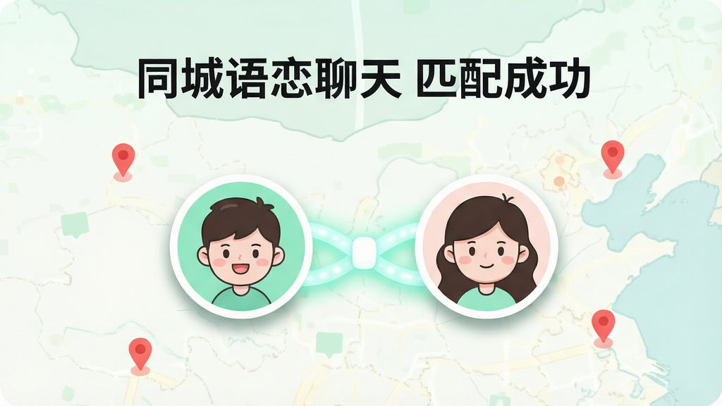 主体:一张手机应用内的匹配成功界面,两个卡通头像通过一条发光的纽带连接,上方显示“同城语恋聊天 匹配成功”字样;布局:界面元素居中对称,背景是淡雅的地图网格线,点缀着表示用户位置的小红点;排版:标题醒目,按钮圆润,信息层级分明;风格:扁平化设计,色彩清新明快,以薄荷绿和白色为主;细节:头像带有轻微的阴影,纽带散发柔和光芒;画质:高清矢量风格,干净,无多余元素