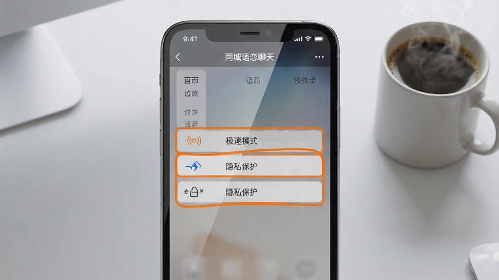 主体:一张智能手机的桌面截图,手机屏幕内显示“同城语恋聊天”的设置页面,页面中高亮显示“极速模式”和“隐私保护”两个选项;布局:手机竖屏居中,背景为简洁的浅灰色办公桌面,放有一杯咖啡;排版:屏幕内容清晰可见,重点选项用橙色框线标出;风格:写实风格,光线柔和;细节:屏幕有轻微的反光效果,咖啡杯有热气升腾;画质:高清,干净,无多余元素