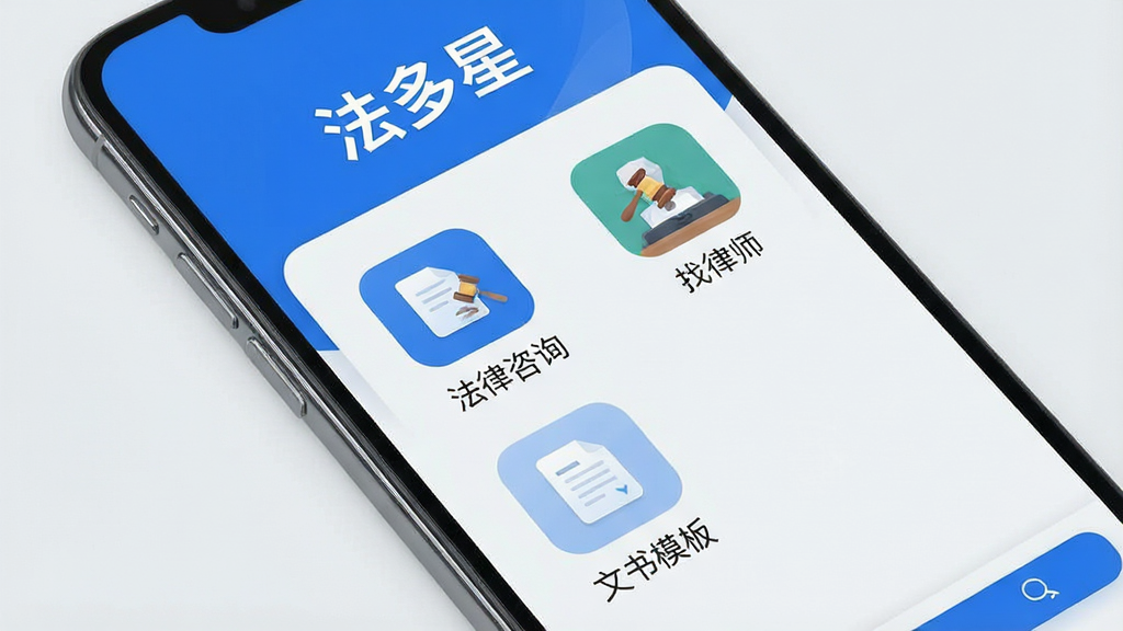 一张展示智能手机屏幕的图片,屏幕内是法多星APP的主界面,界面设计简洁现代,以蓝色为主色调,顶部显示“法多星”字样,下方有“法律咨询”、“找律师”、“文书模板”等清晰的功能图标,背景为干净的浅灰色,整体画面明亮清晰,画质干净,无多余元素
