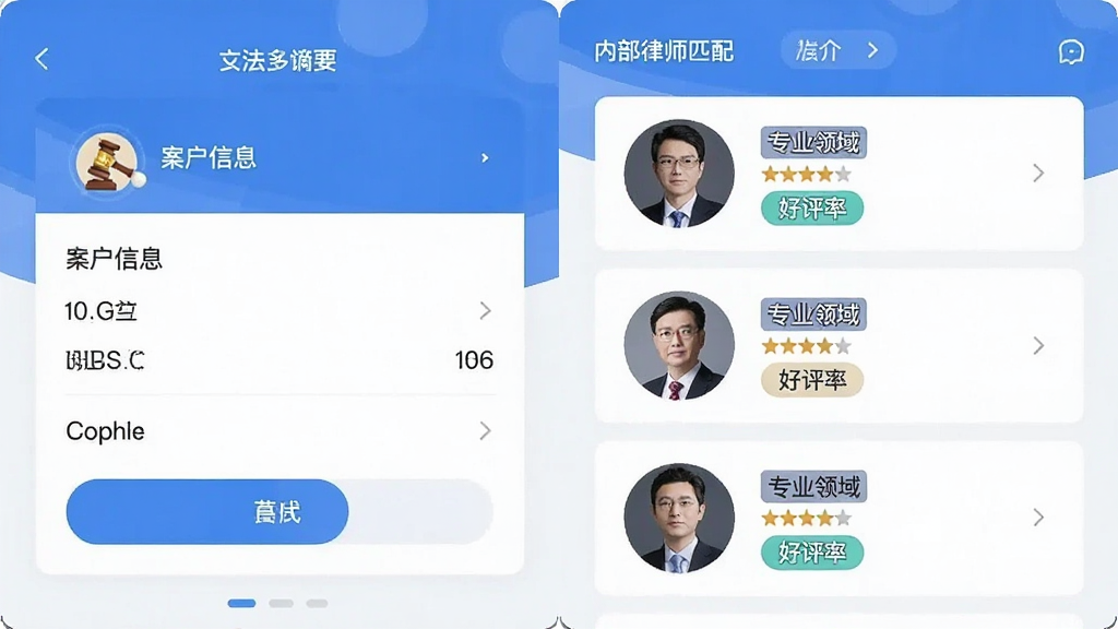 展示法多星APP内部律师匹配界面的图片,画面布局为左右分栏,左侧是用户填写的案件信息摘要卡片,右侧是一排律师头像和简介列表,每个头像旁有“专业领域”和“好评率”标签,界面风格扁平化,配色以蓝色和白色为主,整体设计整洁,画质干净,无多余元素