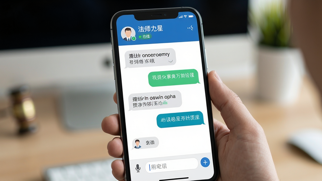 一张展示用户正通过法多星APP与律师进行在线对话的图片,画面聚焦在手机聊天界面,屏幕上有文字和语音消息气泡,顶部显示律师的姓名和“在线”状态,手机下方有麦克风和输入框图标,背景虚化,突出手机屏幕内容,整体风格真实自然,画质干净,无多余元素