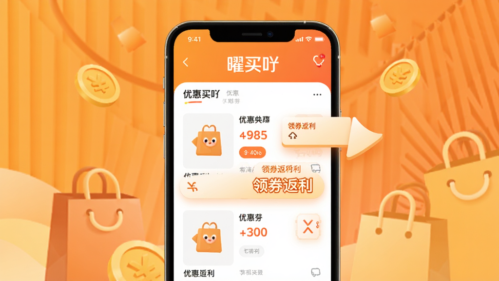 主视觉展示“曜买吖”APP界面,中央为手机模型,屏幕显示商品列表与优惠券金额,背景为暖橙色渐变,购物袋与金币元素点缀,排版简洁,风格现代扁平,细节突出“领券返利”字样,画质高清,干净无多余元素