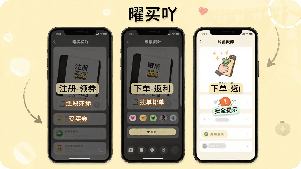 展示“曜买吖”使用教程步骤图,以手机截图拼贴形式呈现,标注“注册-领券-下单-返利”流程,背景为淡黄色,排版有序,风格教学向,细节突出“安全提示”小图标,画质干净,无多余元素
