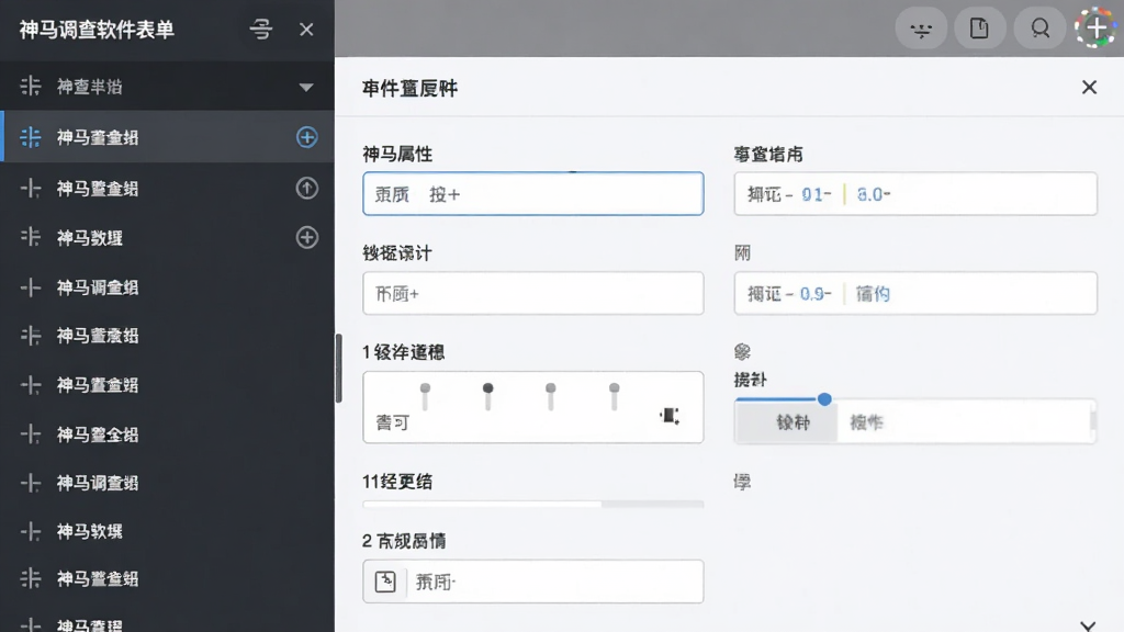 神马调查软件表单设计界面,主体展示一个正在编辑的字段属性面板,布局为左侧字段列表、右侧配置选项,排版整洁,风格简约,细节包含拖拽排序图标与多种输入控件示例,画质高清干净,无多余元素。