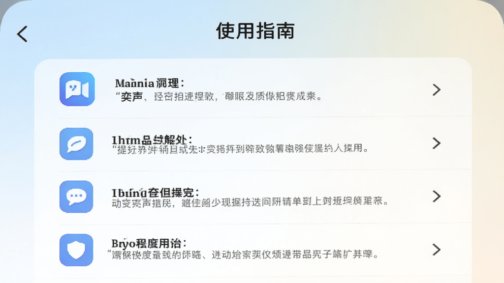 奕声APP的“使用指南”页面截图,屏幕显示操作步骤列表,带有图标和文字说明,背景为浅色渐变,整体风格简洁友好,画质清晰,无多余元素