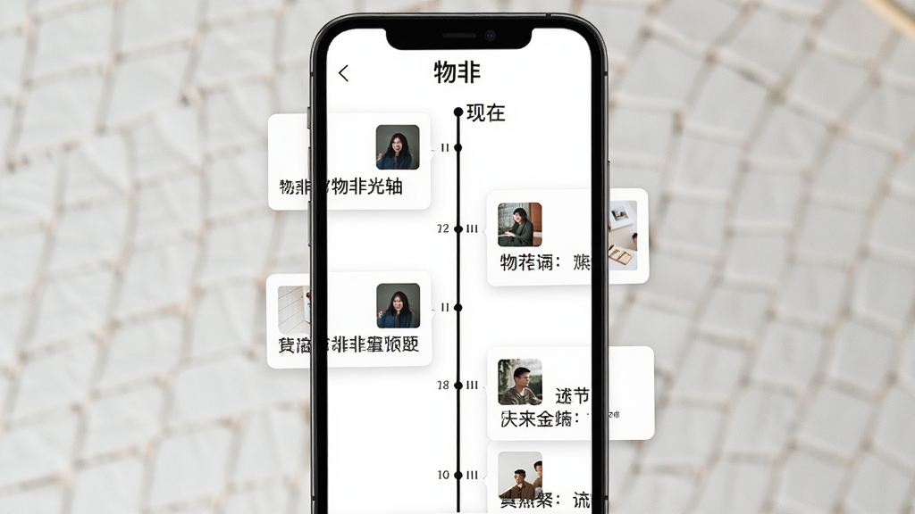 主体:手机屏幕展示“物非”时光轴界面,纵向时间线从下往上延伸,每个节点有缩略图和文字摘要。布局:竖向时间轴居中,左右两侧分布节点卡片。排版:节点卡片错落有致,时间刻度清晰。风格:极简风格,白色背景,黑色线条。细节:顶部有“物非”字样,时间线末端有“现在”标记。画质:高清,干净,无多余元素。