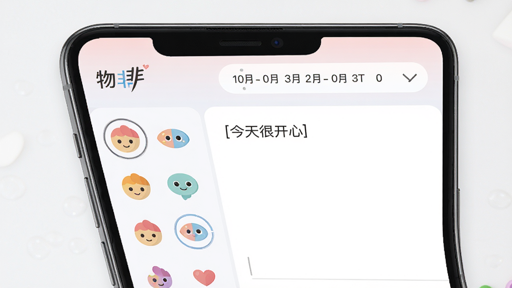 主体:手机屏幕展示“物非”心情日记编辑页面,左侧有心情图标选择栏,右侧为文本输入区。布局:左右分栏,上方有日期选择器。排版:界面清爽,图标色彩丰富。风格:扁平化设计,柔和色调。细节:界面左上角有“物非”Logo,文本区显示“今天很开心”的字样。画质:高清,干净,无多余元素。