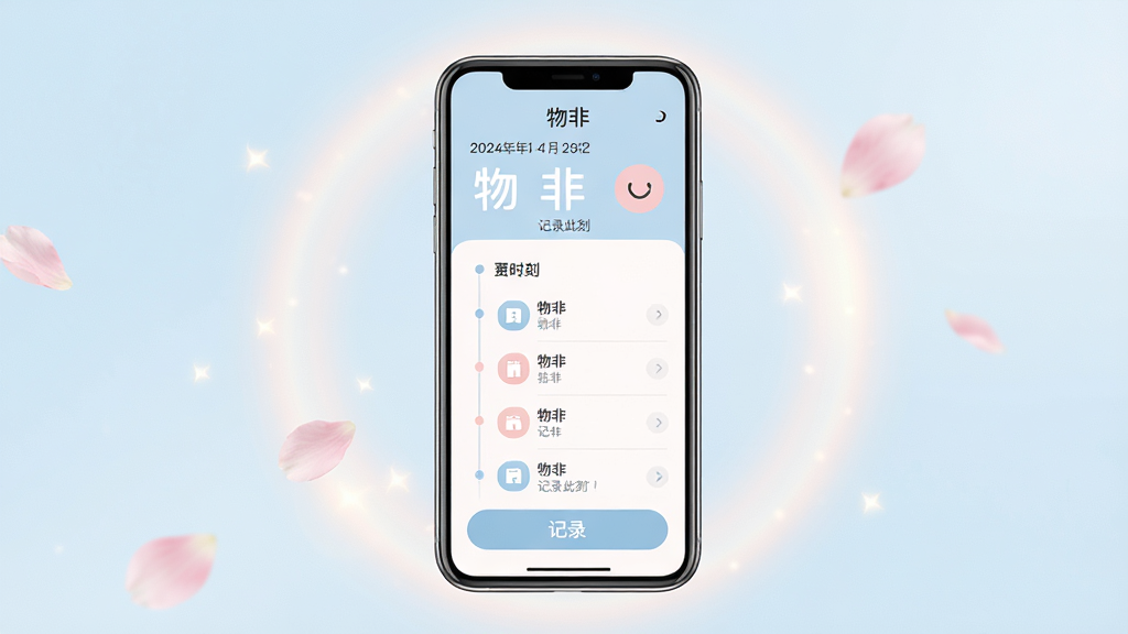 主体:手机屏幕展示“物非”应用主界面,界面简洁温馨,上方显示日期与心情图标,中间是时间轴记录列表,下方有“记录”按钮。布局:居中构图,手机竖屏展示,周围有柔和的光晕和飘落的花瓣。排版:界面布局清晰,图标圆润,文字清晰。风格:清新文艺,色彩柔和,以淡蓝和浅粉为主色调。细节:界面中显示“物非”字样,以及“记录此刻”的提示文字。画质:高清,干净,无多余元素。