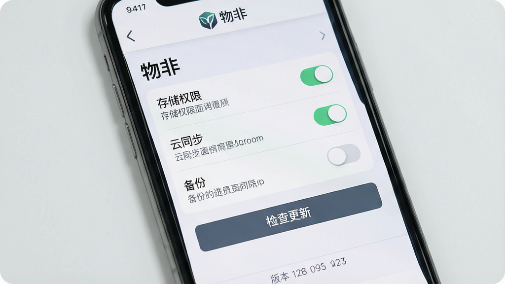 主体:手机屏幕显示“物非”设置页面,列出“存储权限”“云同步”“备份”等选项,下方有“检查更新”按钮。布局:列表式布局,每个选项有开关和说明。排版:清晰明了,字体大小适中。风格:简洁商务风,浅灰背景。细节:页面顶部有“物非”Logo,底部有版本号。画质:高清,干净,无多余元素。