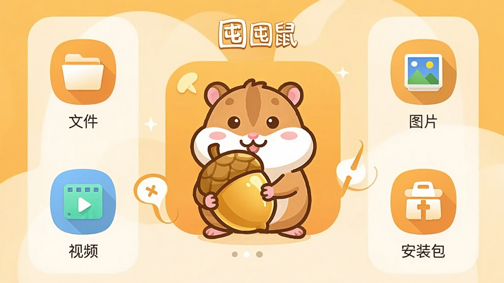 一张展示囤囤鼠APP主界面的高清截图,界面采用温暖的橙黄色主色调,中央有一只卡通仓鼠抱着金色橡果的吉祥物形象,周围环绕着“文件”、“图片”、“视频”、“安装包”四个分类图标,整体布局简洁明亮,扁平化设计风格,细节精致,画面干净无多余元素,画质清晰,突出“囤囤鼠”品牌名称。