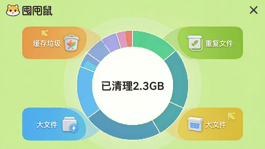 囤囤鼠空间清理界面截图,显示一个大圆环图,中间标注“已清理2.3GB”,周围有“缓存垃圾”、“重复文件”、“大文件”等清理项,颜色鲜艳,背景为浅绿色,突出“囤囤鼠”品牌,画质清晰。