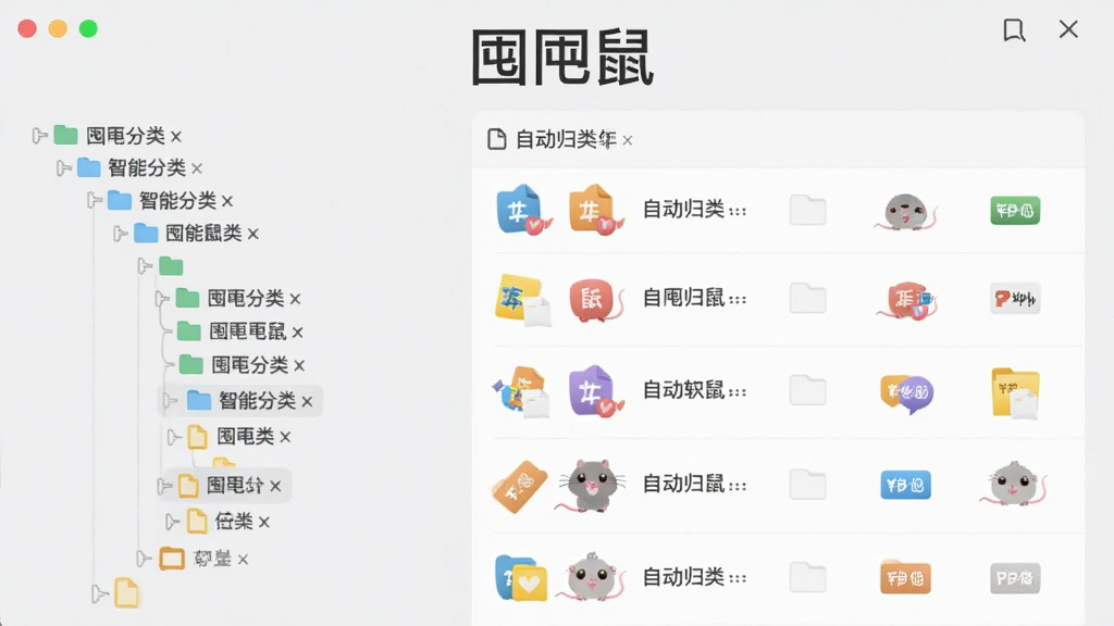 囤囤鼠软件功能展示图,画面左侧是智能分类的树状目录,右侧显示自动归类的文件列表,每个文件带有类型图标,背景为浅灰色,界面干净整洁,扁平化设计,突出“囤囤鼠”字样,画质清晰,无多余元素。