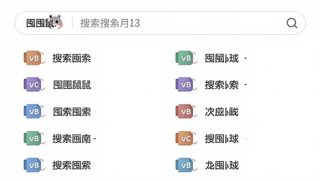 囤囤鼠搜索功能演示图,界面顶部有一个搜索框,下方展示搜索结果列表,每个结果带有文件类型图标和文件名,背景为白色,简约风格,突出“囤囤鼠”品牌,画质清晰,无多余元素。