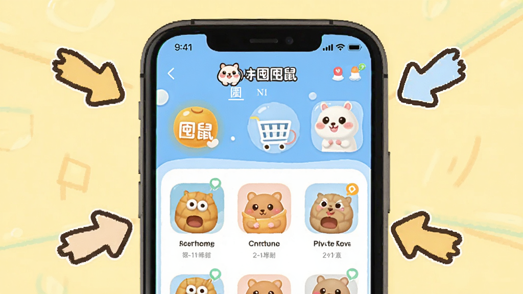 囤囤鼠运行界面展示,画面中央是手机屏幕的放大图,显示软件主界面,周围有操作提示箭头,背景为淡黄色,卡通风格,突出“囤囤鼠”品牌,画质清晰,无多余元素。