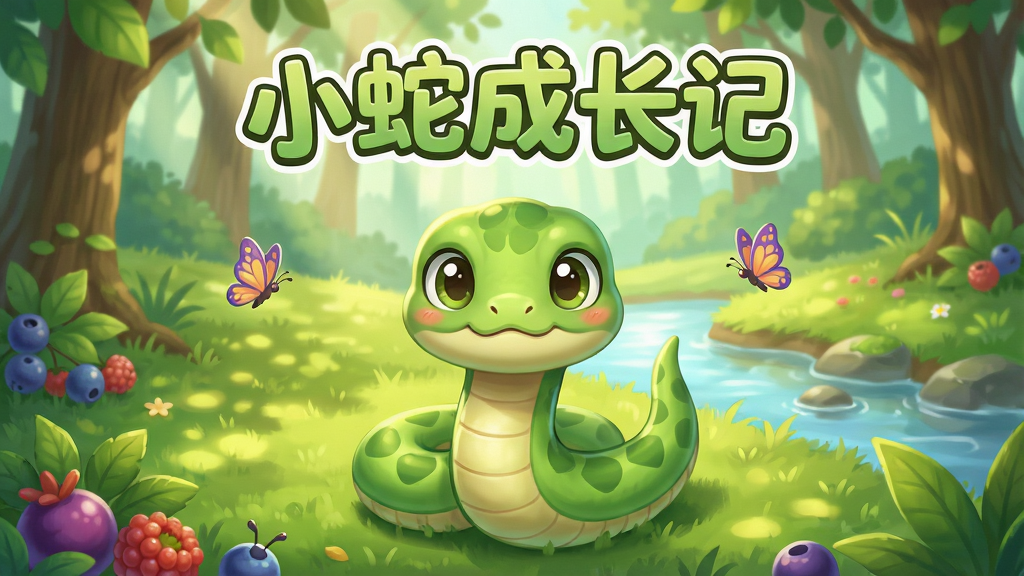 一张清新自然风格的游戏宣传图,画面中央是一条可爱的卡通小蛇,身体是嫩绿色的,用拟人化的圆润大眼睛看着前方,背景是充满生机的森林草地和一条清澈的小溪,阳光透过树叶洒下斑驳的光影,画面整体色调明亮柔和,充满童趣与治愈感,布局以主角小蛇居中,四周环绕着浆果、蝴蝶等自然元素,排版整洁,画质精细,干净无多余元素,图片上带有游戏名称“小蛇成长记”的艺术字标题。