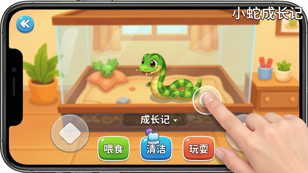 一张展示手机竖屏操作的游戏截图,屏幕中显示小蛇成长记的游戏主界面,有玩家用手指点击屏幕与小蛇互动的动作,画面下方是清晰的虚拟按键,上面有“喂食”、“清洁”、“玩耍”等按钮,背景是温馨的室内饲养箱,画面清晰明亮,操作提示明确,带有“小蛇成长记”水印。