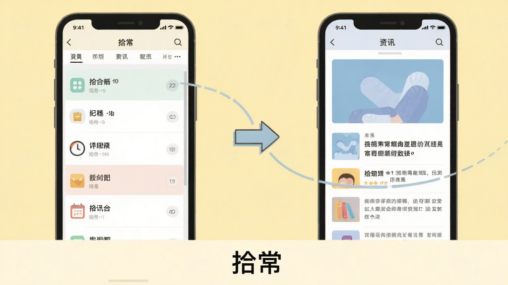 展示拾常应用在手机上运行的一组场景,左侧手机屏幕显示日程列表,右侧手机屏幕显示资讯阅读界面。背景为浅黄色,中间有箭头指示操作流程。整体风格为扁平化插画,色彩柔和,画质干净,无多余元素,图片下方标注“拾常”名称。