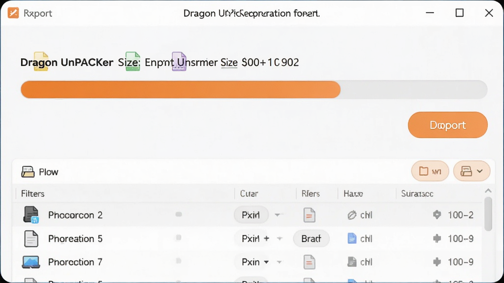 ���壺Dragon UnPACKer������ʾ��ͼ����ʾ���ڵ�����Դ�����֣�������������ʾ���������·�Ϊ�ļ��б����Ű棺�������Ϸ����ļ����ʹ�С��Ϣ�����ǳɫ���棬��ɫ��������ϸ�ڣ��ļ�ͼ����������ť��Բ�ǡ����ʣ����壬������Ԫ�ء�
