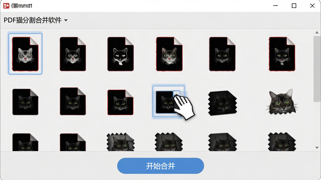 展示PDF猫分割合并软件的合并功能界面,多个PDF文件图标排列在列表中,用户正在通过鼠标拖拽调整顺序,底部有“开始合并”按钮,背景为浅灰色,整体风格专业整洁,画质高清,无多余元素