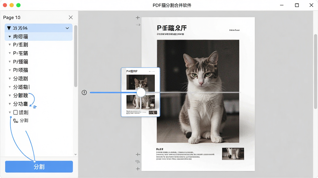 展示PDF猫分割合并软件的分割功能界面,左侧是页码选择面板,右侧是实时预览的PDF页面缩略图,用户正在拖动滑块选择页面,界面清晰标注“分割”按钮,整体风格简洁明亮,画质细腻,无多余元素
