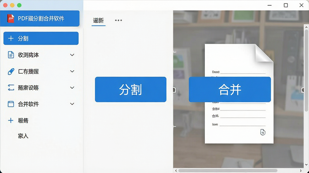 一张展示PDF猫分割合并软件主界面的高清截图,界面左侧是功能列表,右侧是文件预览区域,中间有醒目的“分割”和“合并”按钮,整体风格简约现代,配色以蓝白为主,画质清晰干净,无多余元素