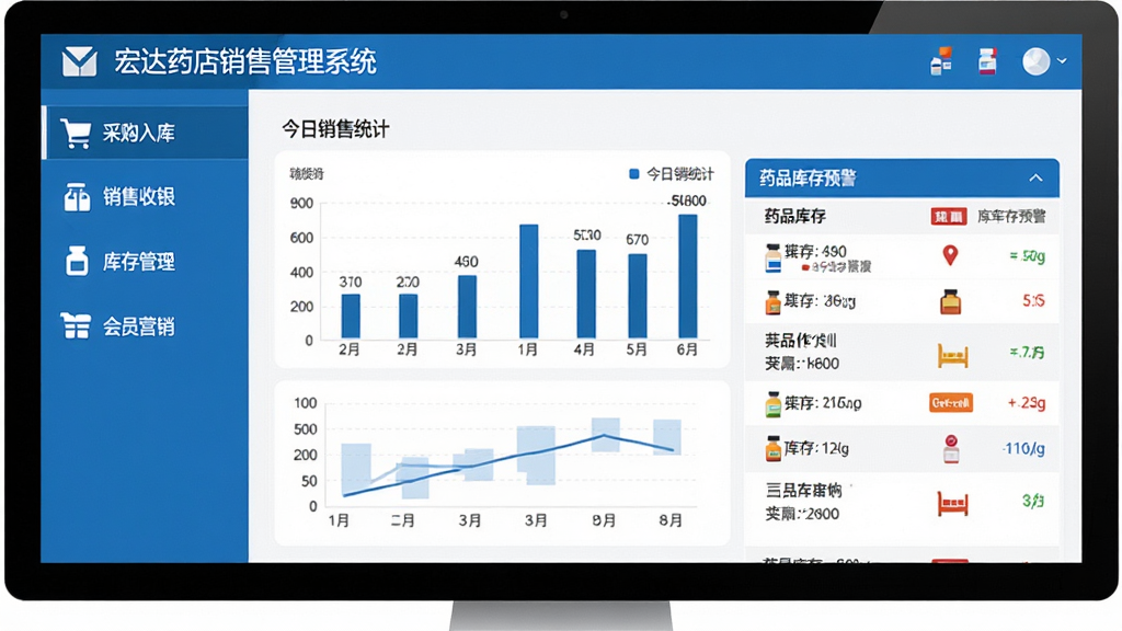 宏达药店销售管理系统主界面展示,画面左侧为功能导航栏包含采购入库、销售收银、库存管理、会员营销等模块,右侧为今日销售统计图表和药品库存预警列表,整体采用蓝白配色,扁平化设计,界面清爽干净,文字标注清晰,风格现代专业,画质高清,无多余元素