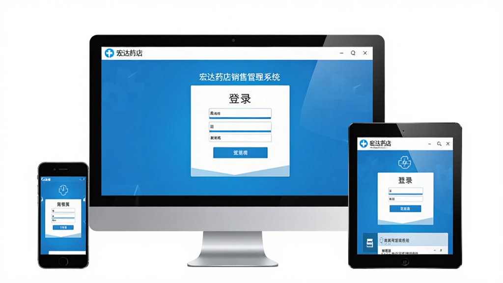 宏达药店销售管理系统操作教程示意图,画面为电脑屏幕显示软件登录界面,旁边有手机和平板设备,表示跨平台使用,整体风格简洁明快,配色以蓝白为主,干净无多余元素