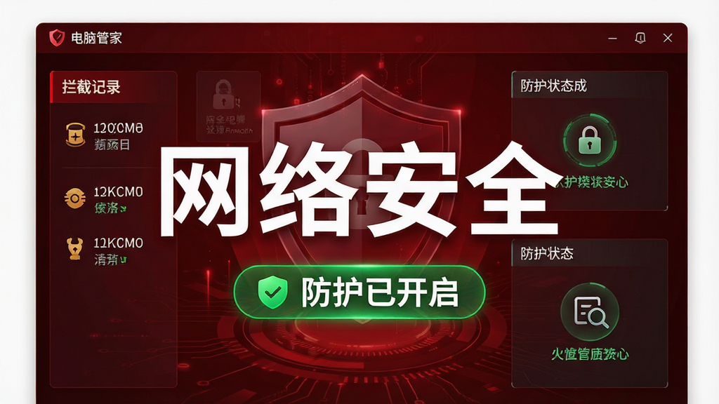 一幅展示电脑管家网络安全防护的图片,界面显示拦截记录和防护状态,背景为深红色科技感风格,中央有“网络安全”四个大字,下方有“防护已开启”的绿色状态标识,画质清晰,干净无多余元素